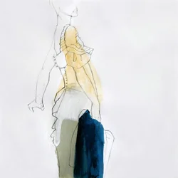 Top giallo, drappeggio blu