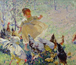 Dare da mangiare alle galline (olio su tela)