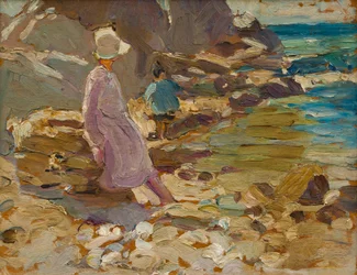 Donna e bambino sulle rocce (olio su tavola)