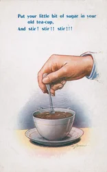 Mescolare lo zucchero in una tazza da tè (litografia a colori)