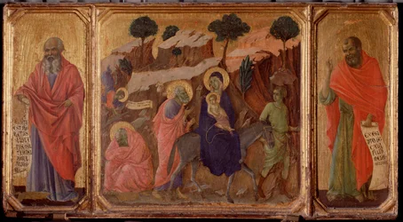 Vita di Cristo: Fuga in Egitto con i profeti Geremia e Osea. Predella della Maestà