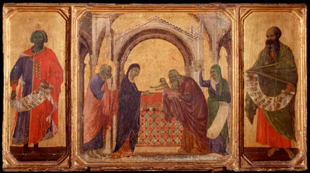 Vita di Cristo: Re Salomone, la presentazione al tempio, Malachia. Predella della Maestà