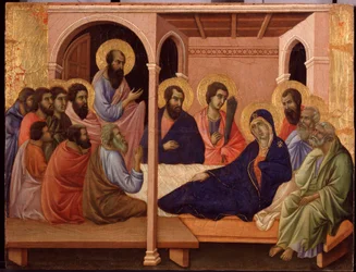 Maria lascia gli Apostoli. Predella della Maestà