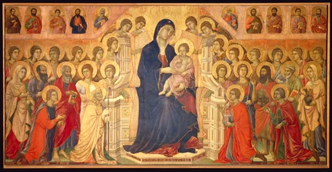 Vergine in trono con Bambino, circondata da Angeli e Santi, pannello centrale della Maestà