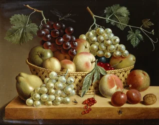Un cesto di uva, mele, pesche e altra frutta su un ripiano, 1833