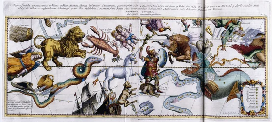 Mappa celeste delle costellazioni: Orione, Toro, Ariete, Pesci ecc., 1666-1668
