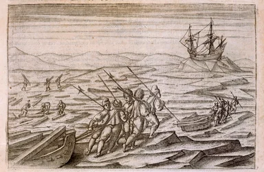 Raccolta di legna per la capanna in cui la spedizione ha svernato, illustrazione da Diarium Nauticum, seu vera descriptio trium navigationum admirandarum... di Gerrit de Veer, 1598