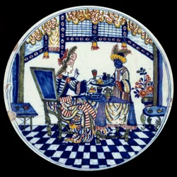 Piatto di porcellana di Delft raffigurante una donna a tavola servita dal suo domestico nero. 1705, Sèvres, Museo nazionale della ceramica
