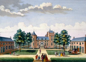 Facciata del Castello di Assumburg, da Het Zeganpralent Kennemerlant di Hendrick de Leth e Matthias Brouerius Van Nidek, pubblicato c.1700-1730