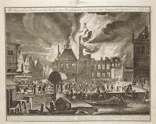 Incendio al vecchio municipio di Amsterdam, 17 luglio 1652, da un libro sulla lotta antincendio in Olanda, pubblicato c.1700