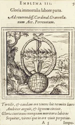 Gloria immortalis labore parta, illustrazione da Emblemata di Hadrianus Junius, pubblicato da Christophe Plantin, Anversa, 1565