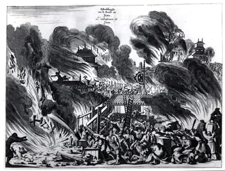 Grande incendio a Yedo (Tokyo) nel XVII secolo, illustrazione dal resoconto di Arnold Montanus delle ambasciate inviate dalla Compagnia Olandese delle Indie Orientali all