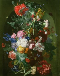Natura morta di fiori in un vaso di terracotta in una nicchia