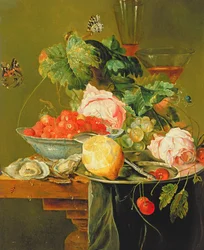 Natura morta di rose, ostriche, fragole in una ciotola di porcellana e altri frutti su stoviglie di peltro, c.1820