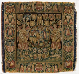Arazzo, Sansone e il Leone in un tondo sospeso da due angeli, realizzato ad Amsterdam, Olanda o Amburgo, Germania, inizio XVII secolo