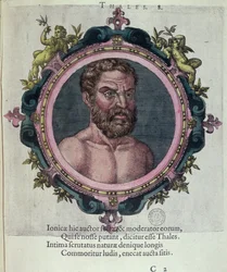 Talete di Mileto (c.625-547 a.C.), illustrazione da Veterum et Recentium Medicorum Philosophorumque Icones di Johannes Sambucus, pubblicato da Plantin ad Anversa nel 1574