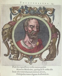 Teofrasto (c.372-287 a.C.), illustrazione da Veterum et Recentium Medicorum Philosophorumque Icones di Johannes Sambucus, pubblicato da Plantin a Leida nel 1603
