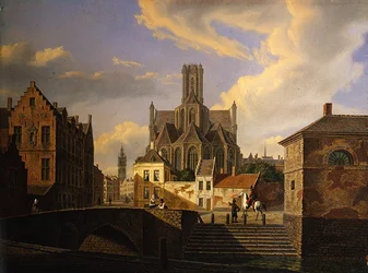 Paesaggio urbano con canale, ponte, scale e figure, con una chiesa medievale e la torre di un municipio sullo sfondo