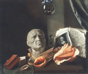 Vanitas natura morta con un busto, conchiglie, libri e fiaschi di vetro