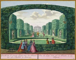 Vista dalla loggia verde al teatro, da Het Zeganplant Kennemerlant, di Hendrick de Leth e Matthias Brouerius Van Nidek, pubblicato c.1700-1730
