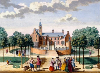 Vista della casa di Adrichem, da Het Zeganpralent Kennemerlant di Hendrick de Leth e Matthias Brouerius Van Nidek, pubblicato c.1700-1730