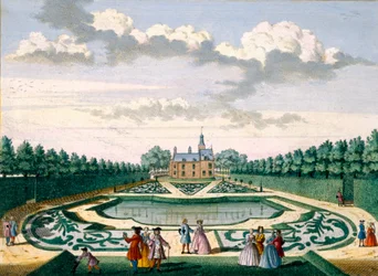 Vista della casa di Adrichem con il giardino e il grande stagno, da Het Zeganpralent Kennemerlant di Hendrick de Leth e Matthias Brouerius Van Nidek, pubblicato c.1700-1730