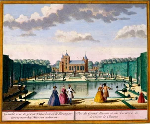 Vista del grande bacino e parterre sul retro della casa, da Het Zeganpralent Kennemerlant di Hendrick de Leth e Matthias Brouerius Van Nidek, pubblicato c.1700-30