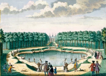 Vista dello stagno verso il retro della casa, Beckenstein, da Het Zeganpralent Kennemerlant di Hendrick de Leth e Matthias Brouerius Van Nidek, pubblicato c.1700-1730
