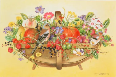 Cesto con frutta, fiori e fringuelli