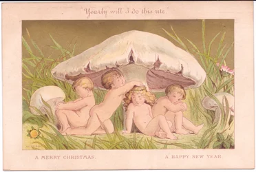 Un biglietto di Natale e Capodanno vittoriano di un gruppo di bambini fatati che si rilassano sotto un fungo, tutto su uno sfondo dorato, di Gertrude Thompson, c.1895