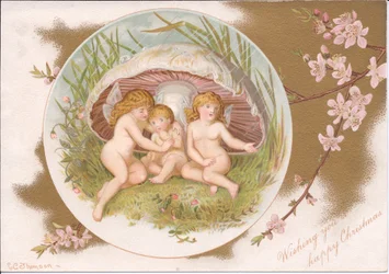 Un Natale vittoriano di un gruppo di fate che si riparano dalla pioggia sotto un fungo, di Gertrude Thompson, c.1895