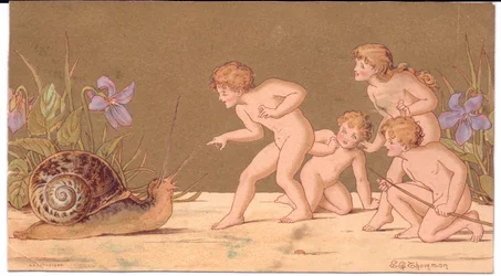 Cartolina di auguri vittoriana di quattro fate nude che prendono in giro una lumaca su uno sfondo dorato
