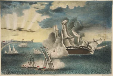 La fregata americana Philadelphia sugli scogli al largo di Tripoli da Army and Navy Magazine, pub. 1840