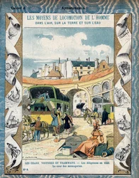 Diligenza nel 1840 - la corte delle messaggerie - Dal proteggi quaderni per libri scolastici, fine XIX secolo - illustrazione di E. Letellier