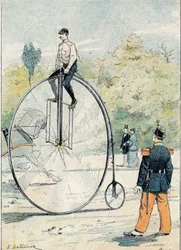 Grand bi con diametro della ruota anteriore superiore a 1,50 m - Da una copertina protettiva per libri scolastici, fine XIX secolo - illustrazione di E. Letellier - Quaderno storico protetto, fine XIX secolo