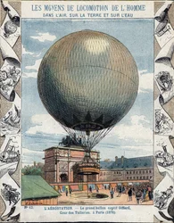 Operazione di gonfiaggio e attrezzatura del pallone frenato di Henry Giffard alle Tuileries a Parigi 1878 - Da una copertina protettiva per libri scolastici, fine XIX secolo - illustrazione di E Letellier - esposizione universale del 1878 a Parigi: gonfiag