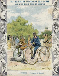 Pierre Michaux e velocipedi Michaudine - Da una copertina protettiva per libri scolastici, fine XIX secolo - velocipedi a pedale (le michaudine) di Pierre Michaux (1813-1883)