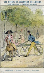 Velocipedi - Celerifero inglese - Draisienne, antenato della bicicletta - Da una copertina protettiva per libri scolastici, fine XIX secolo - illustrazione di E Letellier