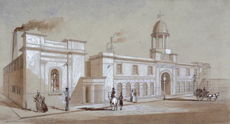 Veduta della distilleria di Grimble e Booth in Albany Street, St Pancras, Londra, c1830