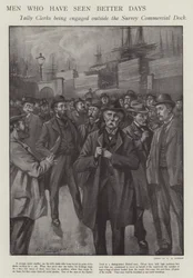 Uomini che hanno visto giorni migliori: impiegati di conteggio ingaggiati fuori dal Surrey Commercial Dock, Londra