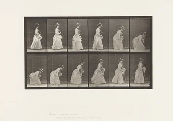 Chinarsi e sollevare un fazzoletto; parasole nella mano sinistra