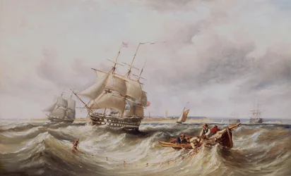 Un due ponti che lascia il porto con altre navi da guerra ancorate nella rada