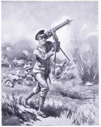 Il soldato Lynn che porta via una mitragliatrice per la riparazione sotto il fuoco pesante alla battaglia di Aisne. Premiato DCM 1915