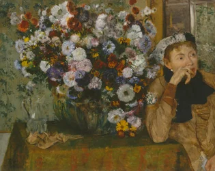 Una Donna Seduta accanto a un Vaso di Fiori