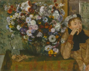 Una donna seduta accanto a un vaso di fiori Madame Paul Valpinçon
