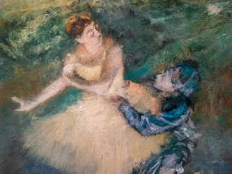 Arlecchino e Colombina (dettaglio). Intorno al 1895. Olio su legno.