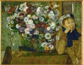 Donna appoggiata a un vaso di fiori (olio su tela)
