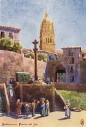 Spagna settentrionale: Salamanca, la Puerta del Rio, con la torre della cattedrale