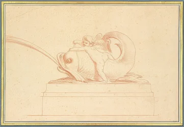 Delfino che spruzza acqua verso sinistra con un amorino. 1737