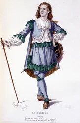 Il personaggio di Dorante nella commedia Le Menteur - Teatro Completo: (Collezione di opere di Corneille) disegno di Geffroy, incisione di L. Wolff - ed. Laplace, Sanchez et Cie, Parigi 1884